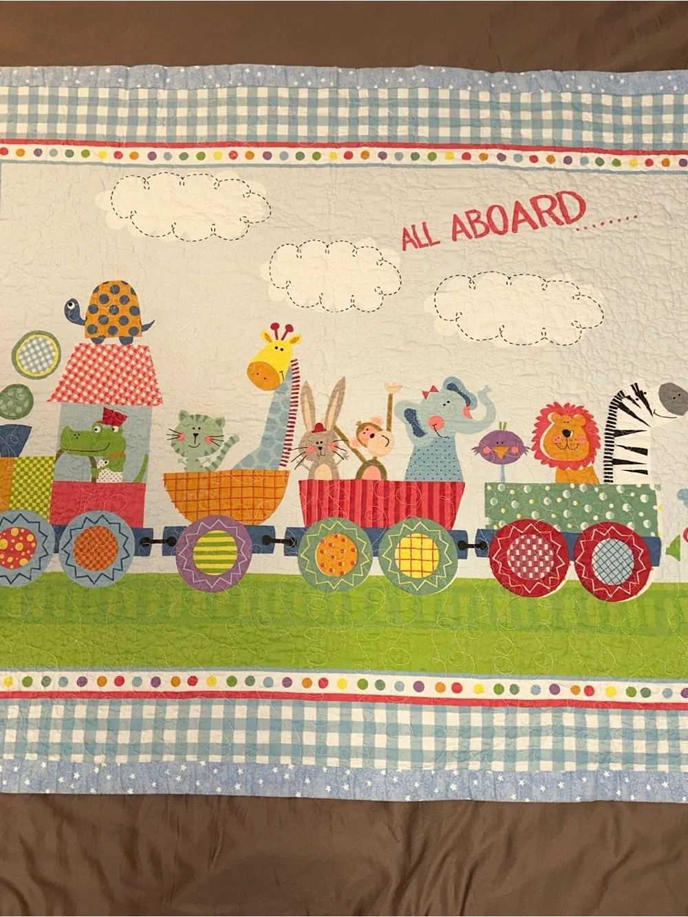 VTG Vintage Kids Train Animal Play Blanket Quilt All Aboard - Multicolor